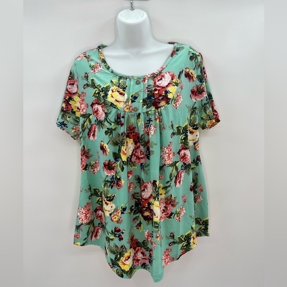 CPOKRTWSO Women's Plus Size Short Sleeve Tunic Top Floral Henley shirt Casual Bl - Picture 3 of 8